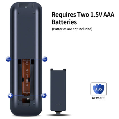 Dark gray abs plastic remote control electric for acoustic audio home theater with visible aaa battery compartment back side