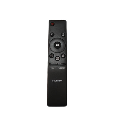 Black plastic remote control with labeled buttons and navigation pad for reputable brand dtirszxy home theater soundbar support app