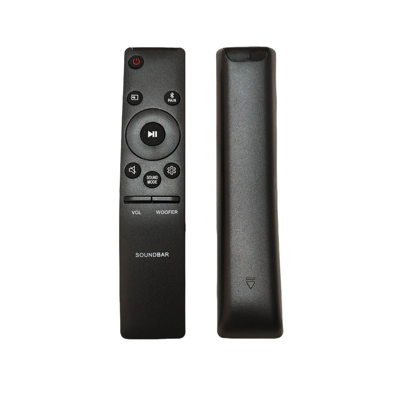 Black plastic remote control with soundbar label and matching case for home theater soundbar by reputable brand dtirszxy support app