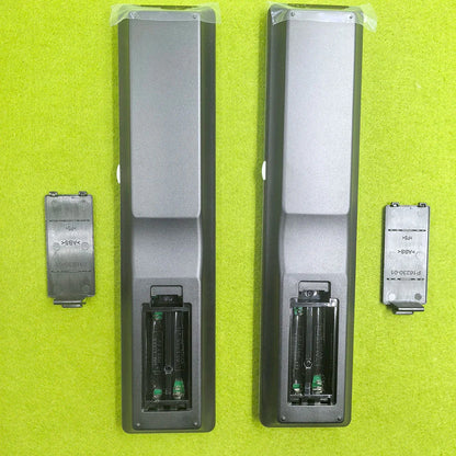 Two identical black plastic remote control rc036sr rc043sr for marantz sr7013 sr7012 sr7015 compatible receivers back view with battery covers
