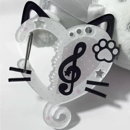 Clear acrylic cat-shaped hair clip with black ears and whiskers featuring a resin music note design for bags creative bag use