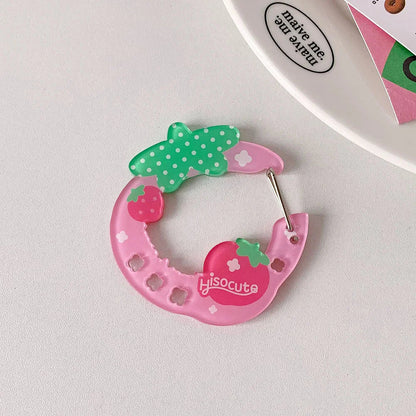 Pink translucent resin music note keychain with strawberry design and hisocute logo for bags creative bag or phone pendant backpack