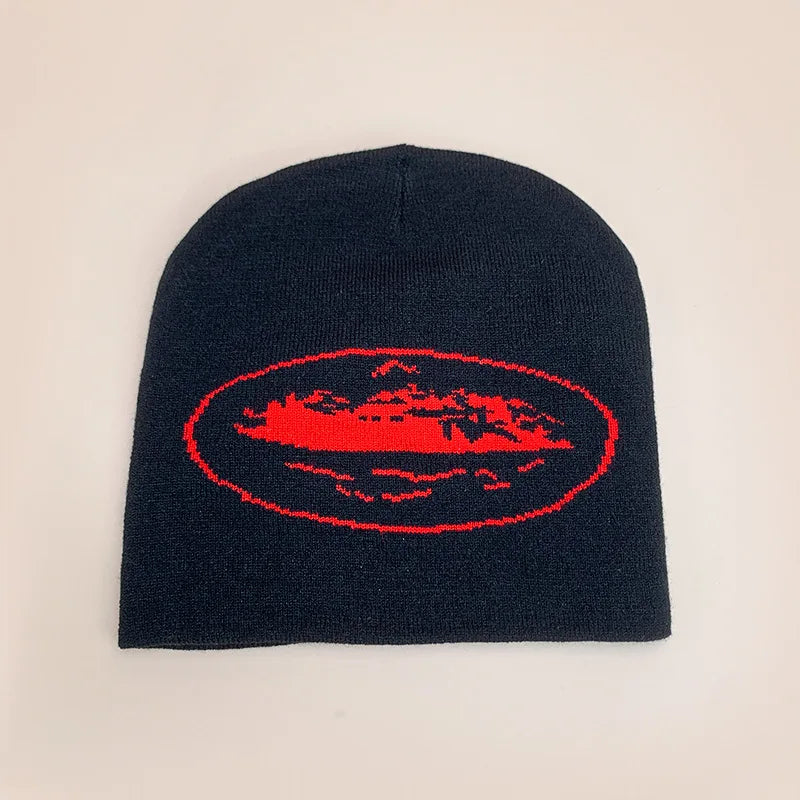 Black knit beanie with bold red embroidered oval logo for men women street skateboarding printing beanies hat autumn winter