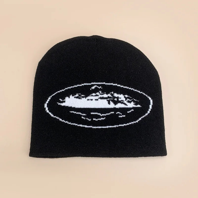 Black knitted beanie hat autumn featuring white embroidered mountain scene for men women street skateboarding printing beanies