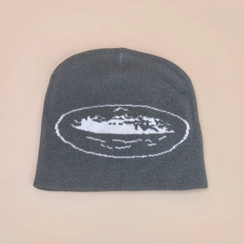Dark gray knit beanie hat autumn with white embroidered ship logo for men women street skateboarding printing beanies