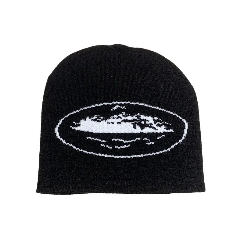 Black knitted beanie hat autumn with white embroidered mountain design for men women street skateboarding printing beanies