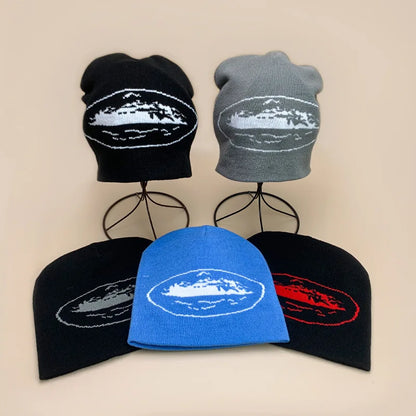 Black gray and blue knit beanies hat autumn with embroidered mountain designs for men women street skateboarding printing beanies