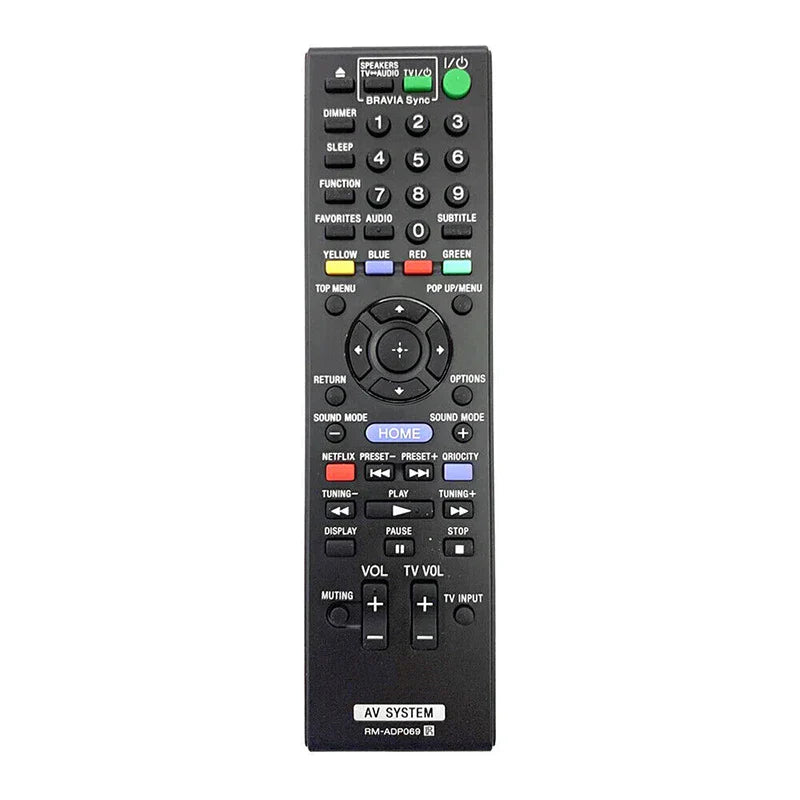Black plastic sony remote bdv-e380 bdv-ef200 with green power button and color-coded keys for hbd-e970w and hbd-f500 systems
