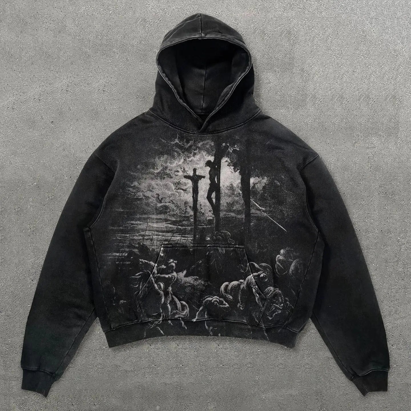 Black hoodie with distressed grayscale graphic print of figures on crosses and horses in hip hop y2k american style sweatshirts