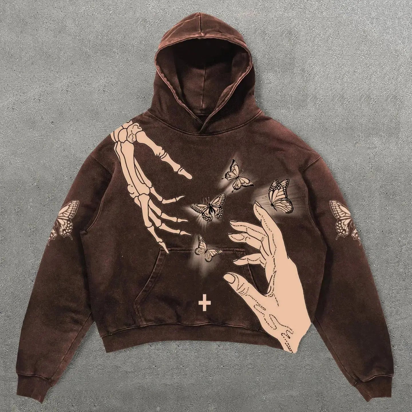 Dark brown faded hoodie with skeletal and flesh toned hands graphic fitting hip hop y2k american style sweatshirts