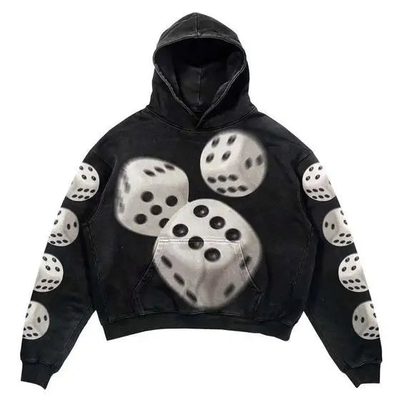 Black hoodie with bold white dice graphic on front and sleeves in hip hop y2k american style sweatshirts korean harajuku fashion