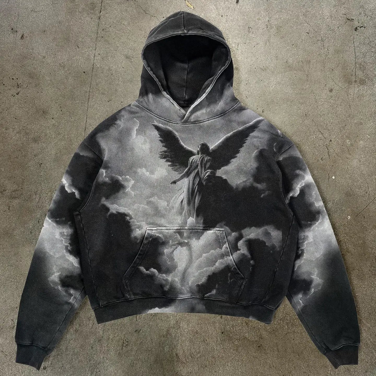 Black and gray distressed hoodie with detailed angel wings design front in hip hop y2k american style sweatshirts korean harajuku fashion