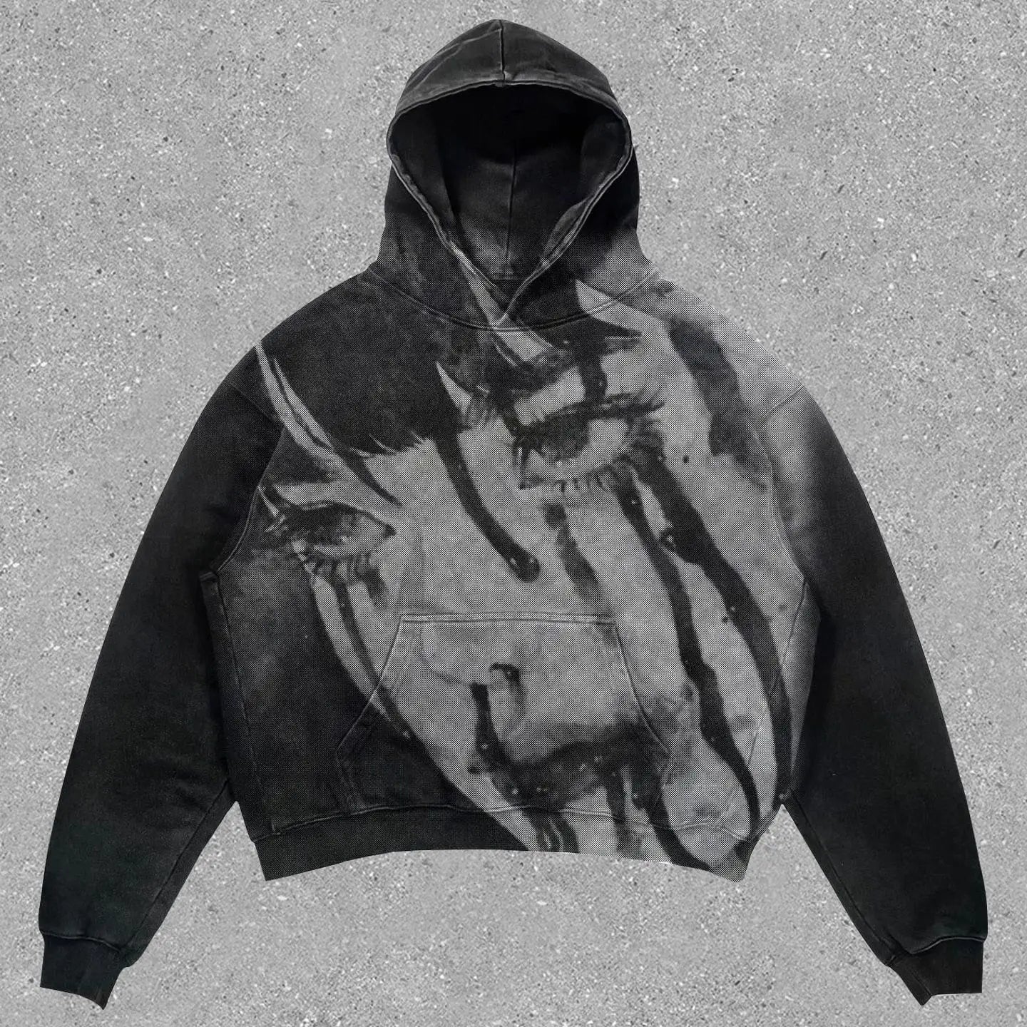Black hoodie with distressed grayscale face graphic and tears streaming down in hip hop y2k american style sweatshirts