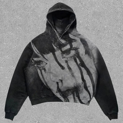 Black hoodie with distressed grayscale face graphic and tears streaming down in hip hop y2k american style sweatshirts