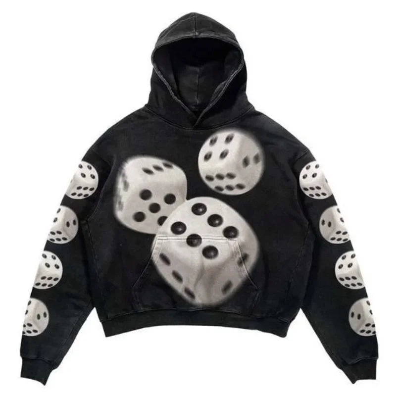Black hoodie with bold white dice print on front and sleeves featuring hip hop y2k american style sweatshirts design
