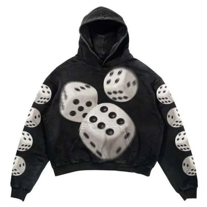 Black hoodie with bold white dice print on front and sleeves featuring hip hop y2k american style sweatshirts design