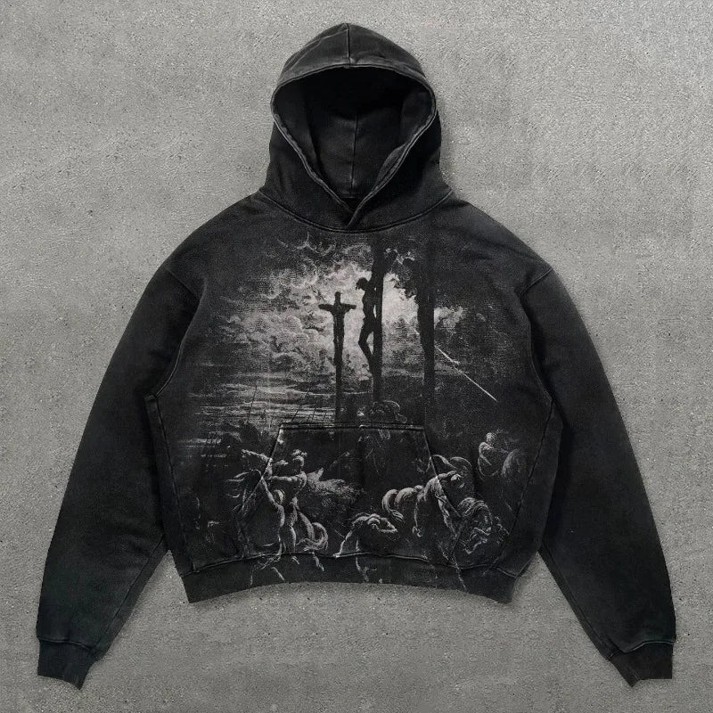 Black hoodie with distressed dark gray crucifixion graphic print in american style sweatshirts for men hip hop y2k fashion