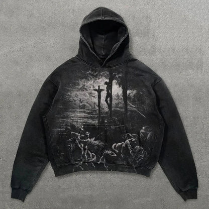 Black hoodie with distressed dark gray crucifixion graphic print in american style sweatshirts for men hip hop y2k fashion