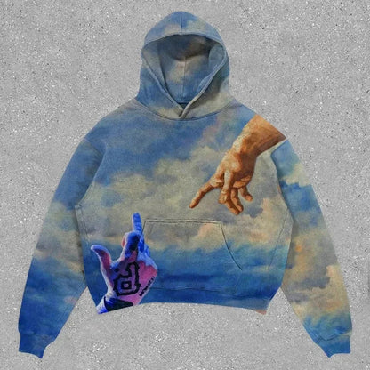 Blue and beige tie-dye hoodie with two hands design sky backdrop american style sweatshirts hip hop y2k korean harajuku fashion