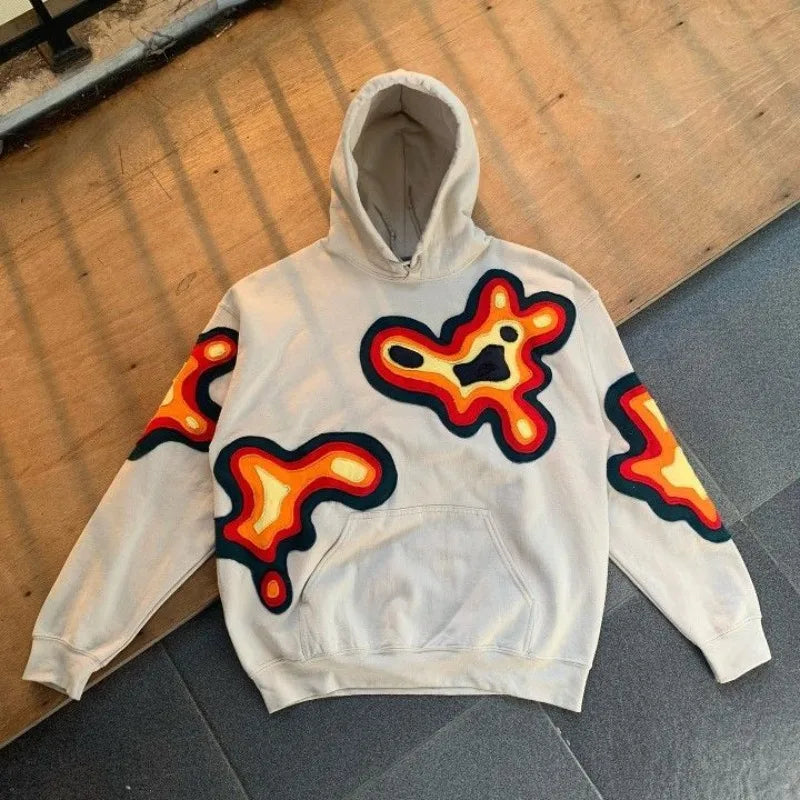 A light gray american style sweatshirt with bold orange and red abstract flame designs in hip hop y2k korean harajuku fashion