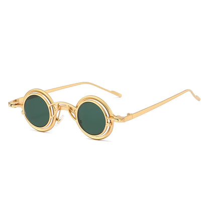 Gold-toned round sunglasses unisex with dark green lenses and intricate frame detailing men steampunk glasses sun shades uv400