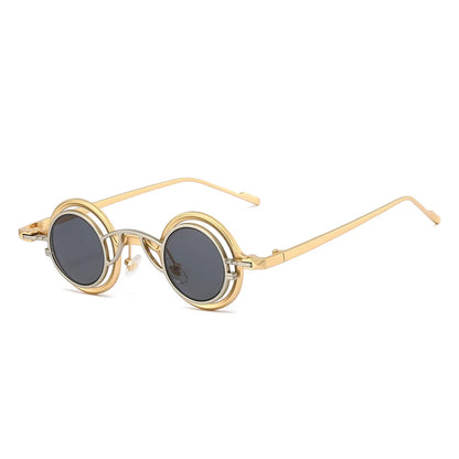 Gold-toned round sunglasses unisex with dark gray lenses and intricate metal detailing men steampunk glasses sun shades uv400