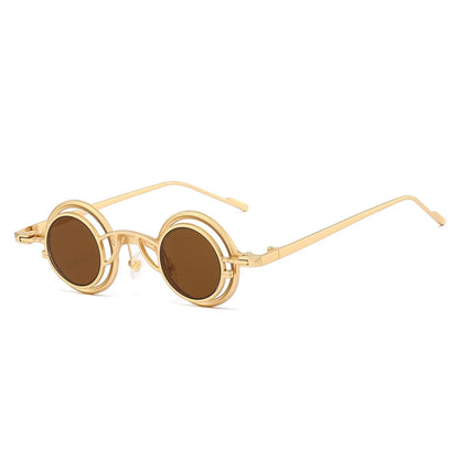 Gold-toned round sunglasses unisex with brown lenses metal steampunk detailing sun shades uv400 for men and women