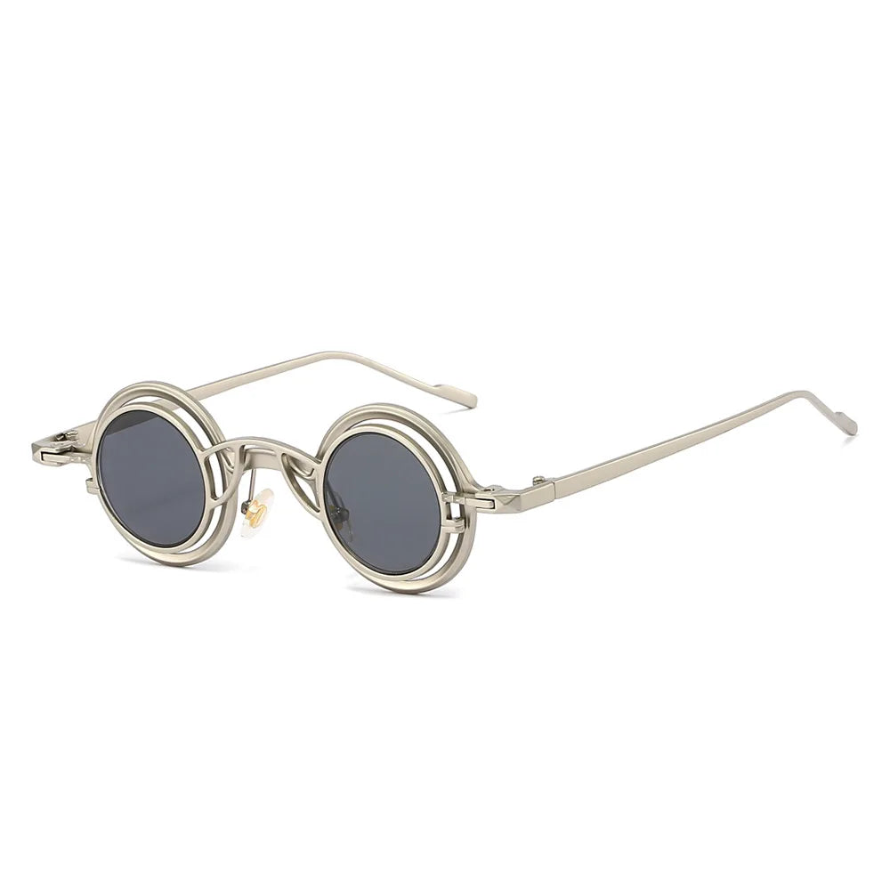 Silver-toned round sunglasses unisex with dark gray lenses and intricate metal frames men steampunk glasses sun shades uv400