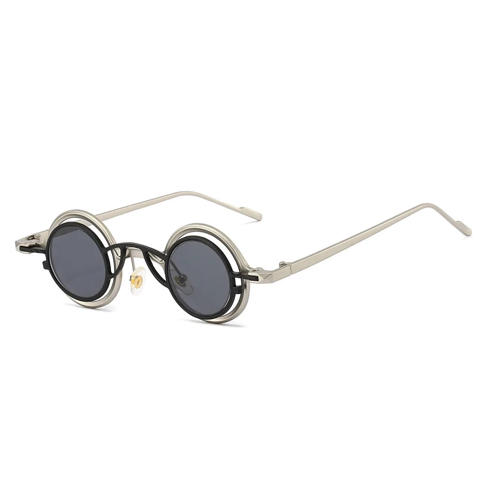 New round sunglasses unisex with silver metal frames, black lenses, and layered design men steampunk glasses UV400 sun shades
