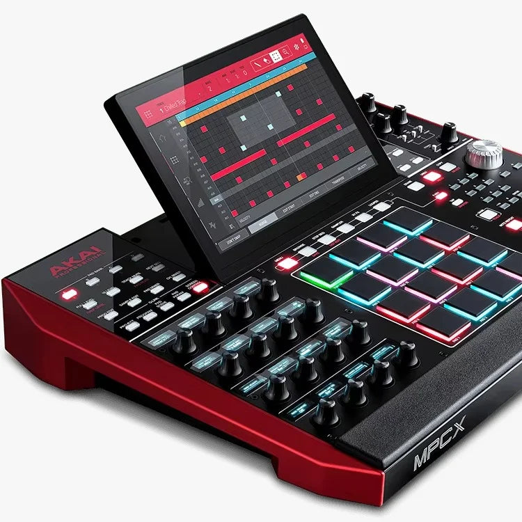 Red and black akai mpc x standalone drum machine and sampler with 10.1-inch touchscreen and colorful illuminated pads