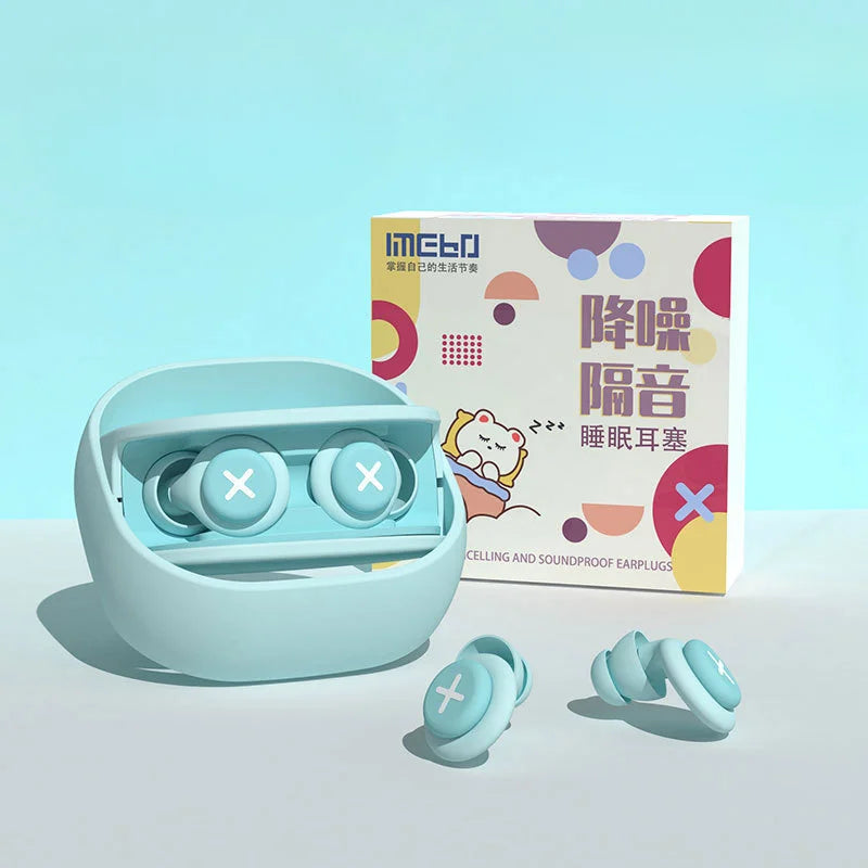 Light blue silicone earplug sleep with white cross symbols in charging case and colorful packaging for noise reduction