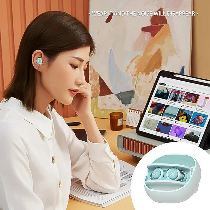 Light blue silicone earplug sleep earbuds with noise reduction and sound absorption in a matching charging case