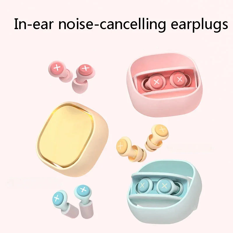 Pink beige and light blue silicone earplug sleep noise reduction ear plugs with matching charging cases for sound absorption