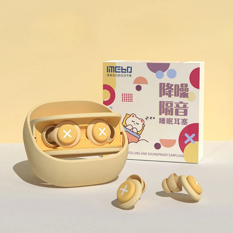 Cream-colored silicone earplug sleep noise reduction ear plugs with white x markings in a matching charging case
