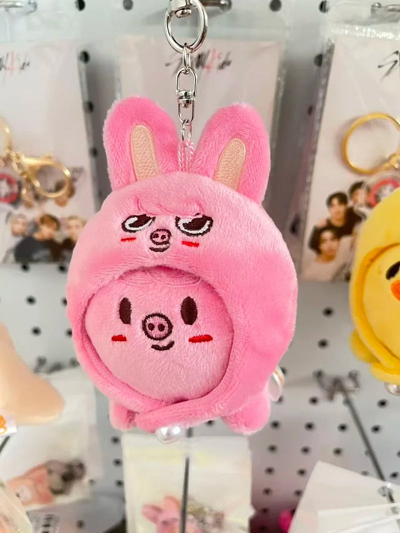 Pink skzoo plush keychain featuring a soft bunny with embroidered face from magic academy cloak toy fan gift collection
