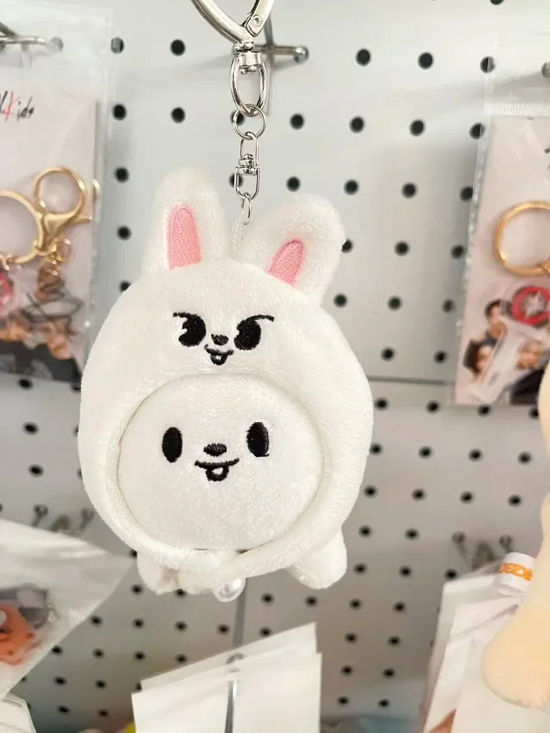 White plush skzoo plush keychain bunny with pink ears and embroidered face for magic academy cloak toy fan gift