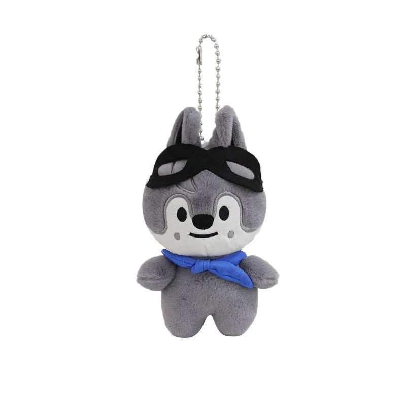Gray skzoo plush keychain of cartoon wolf with black goggles and blue scarf magic academy cloak toy fan gift