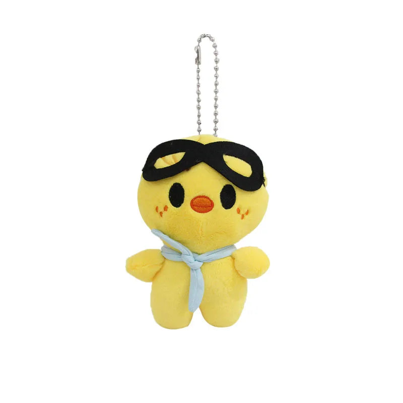 Yellow plush skzoo plush keychain chick with black goggles and light blue magic academy cloak scarf toy fan gift