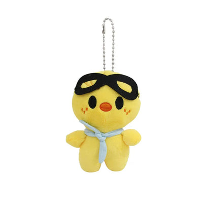 Yellow plush skzoo plush keychain chick with black goggles and light blue magic academy cloak scarf toy fan gift