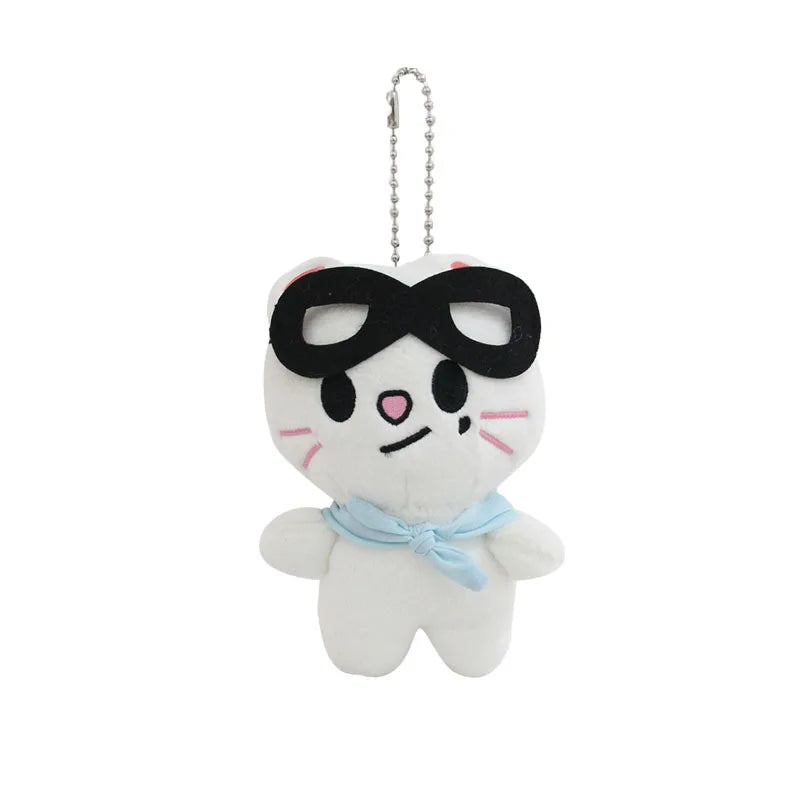 White plush skzoo plush keychain with black glasses and light blue magic academy cloak for toy fan gift