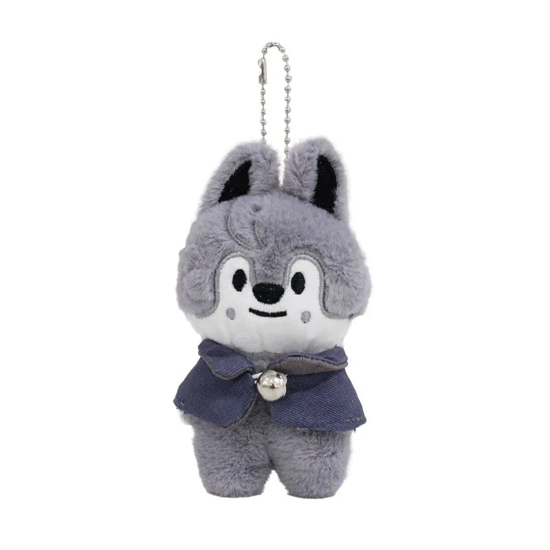 Gray plush wolf skzoo plush keychain with black ears white face and navy blue magic academy cloak toy fan gift