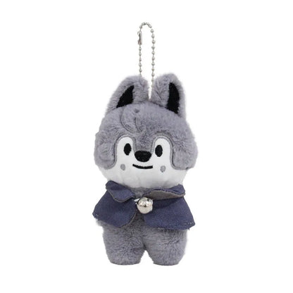 Gray plush wolf skzoo plush keychain with black ears white face and navy blue magic academy cloak toy fan gift