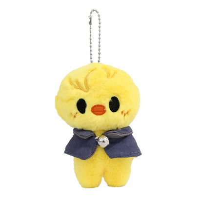 Yellow plush skzoo plush keychain with navy magic academy cloak and silver bell toy fan gift accessory