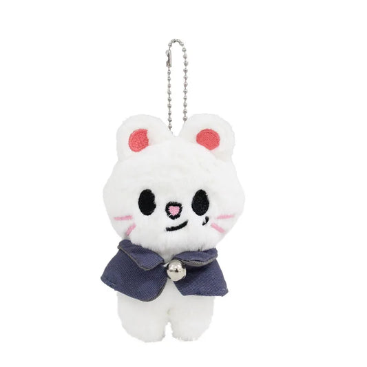 White plush skzoo plush keychain cat with navy blue magic academy cloak and silver bell toy fan gift accessory