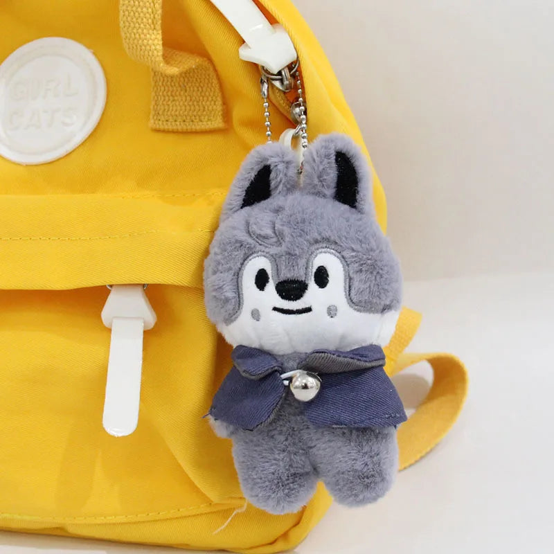 Gray plush wolf skzoo plush keychain with navy bow tie and silver bell magic academy cloak toy fan gift accessory