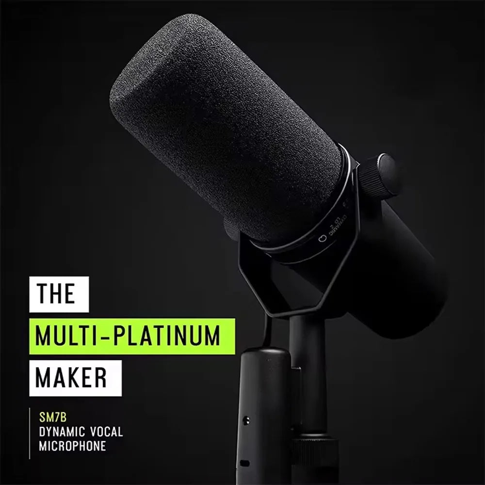 Black sm7b professional dynamic cardioid microphone with textured foam windscreen and metallic accents for live vocals recording