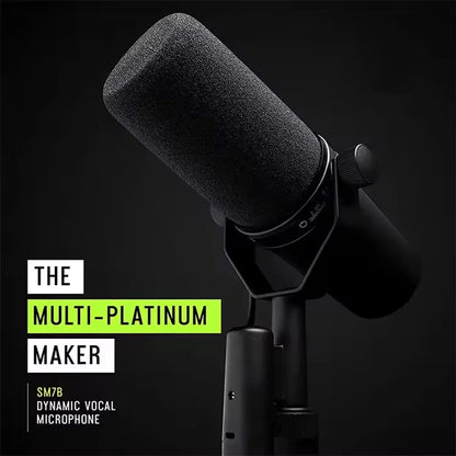Black sm7b professional dynamic cardioid microphone with textured foam windscreen and metallic accents for live vocals recording