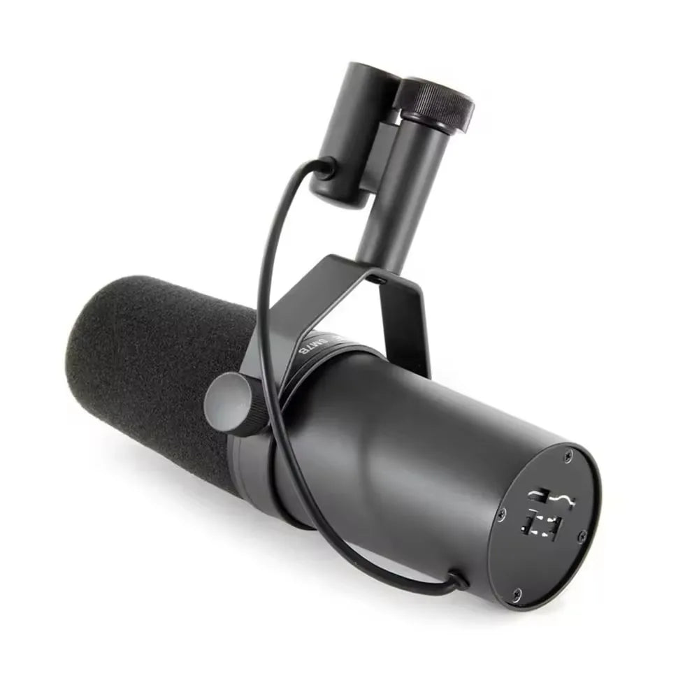 Black sm7b professional dynamic cardioid microphone with foam windscreen and metal stand mount for live vocals recording
