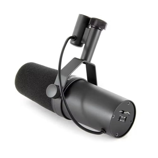 Black sm7b professional dynamic cardioid microphone with foam windscreen and metal stand mount for live vocals recording
