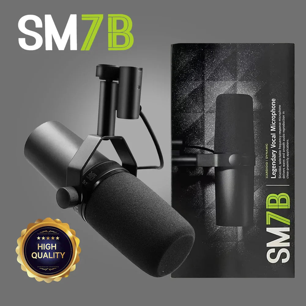 Black sm7b professional dynamic cardioid microphone with foam windscreen and metal stand mount for live vocals recording